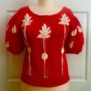 Vintage ‘80s Linda Berlin Appliqué Floral Fringes Puffy Sleeves Sweater Sz S